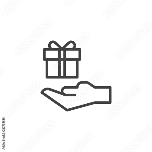 Hand hold gift box outline icon. linear style sign for mobile concept and web design. Present line vector icon. Symbol, logo illustration. Pixel perfect vector graphics