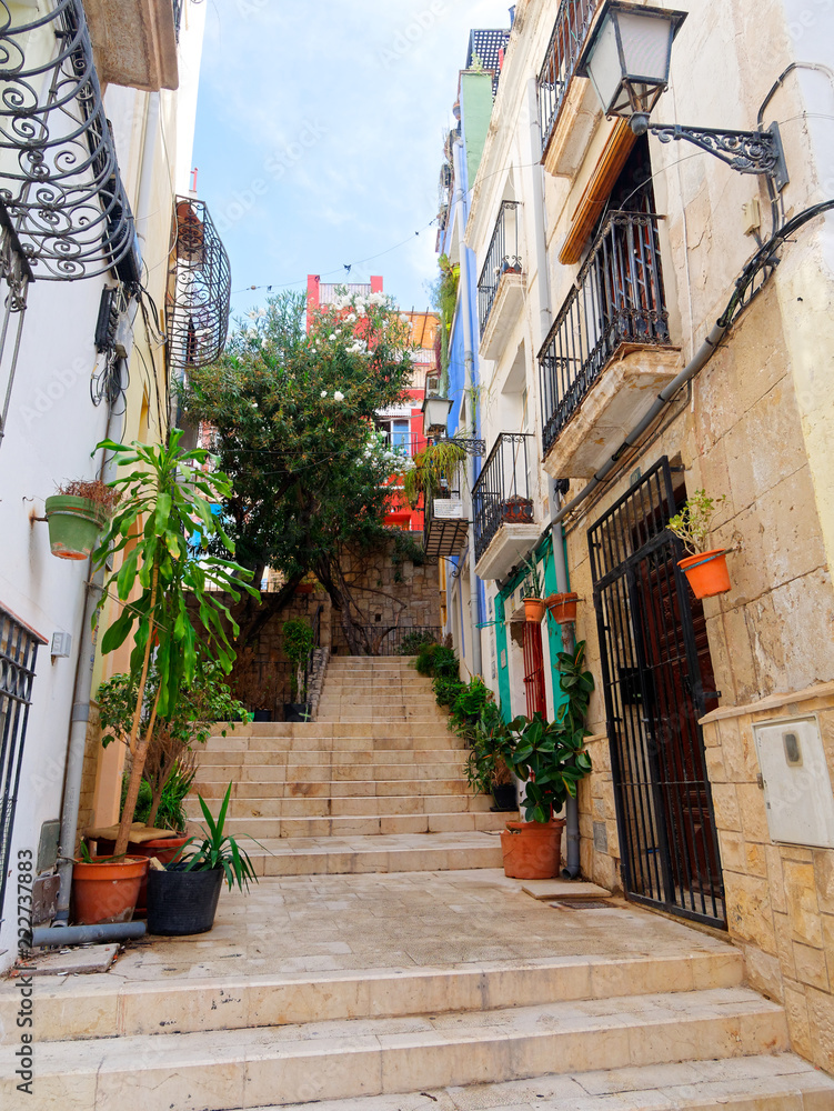 Beautiful narrow alley in the old town of Alicante. Spain