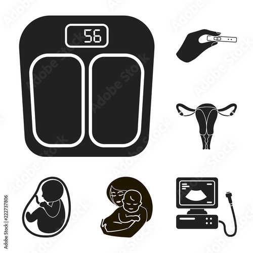 Woman and pregnancy black icons in set collection for design. Gynecology and equipment vector symbol stock web illustration.