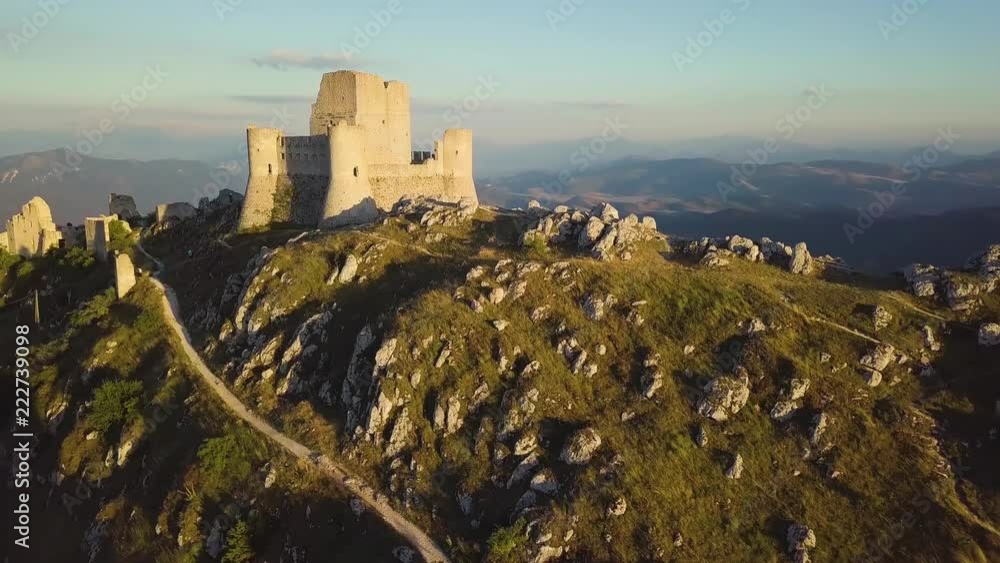 Stunning 4k close approach aerial countryside castle ruins on hilltop in Italy Stunning 4k close approach aerial countryside castle ruins on hilltop in Italy