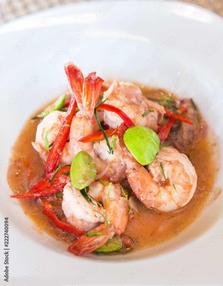 Thai Southern Food, Stir Fried pork and shrimp with parkia and Shrimp Paste,In Thai call "Goong pad ka pi sataw" - obrazy, fototapety, plakaty 