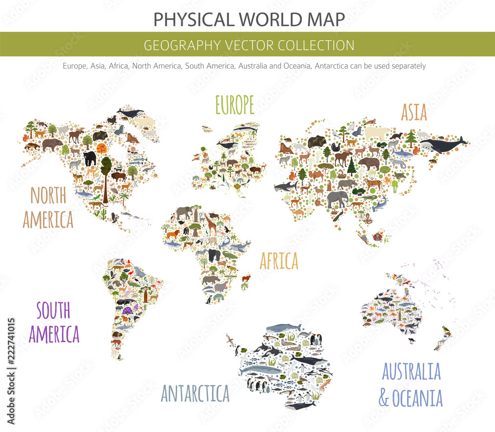 Fototapeta premium Płaskie światowe elementy konstruktora mapy flory i fauny. Zwierzęta, ptaki i życie morskie na białym tle duży zestaw. Zbuduj własną kolekcję infografik geograficznych