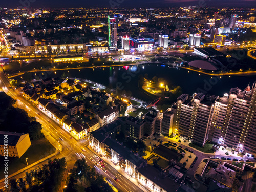 Picturesque night cityscape. Illuminated urban modern buildings, aerial top view. Minsk, Belarus © Mr Twister