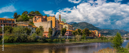 Colorful old buildings of a hilltop medieval town of Vintimiglia in Italy across from the French border