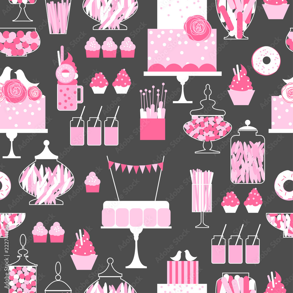 Wedding candy bar with cake. Dessert table.Pink colors.  Vector  seamless pattern.