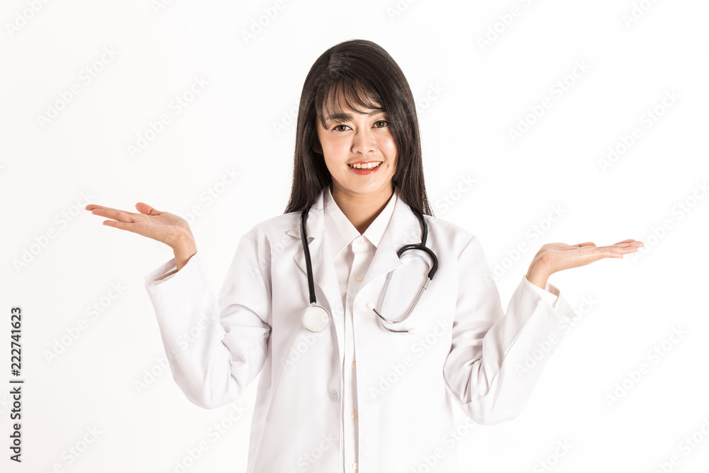attractive Doctor Asian woman smile and open hand palm for display product,Isolated on white background,Healthcare and Medical Concept attractive Doctor Asian woman smile and open hand palm for display product,Isolated on white background,Healthcare and Medical Concept