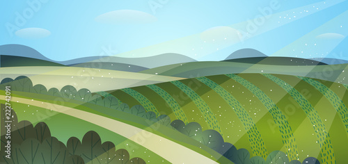 Sunny summer landscape green fields. Crops. The road through the hills.