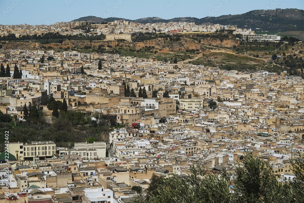 Medina of Fez, Morocco. March 16, 2014. Panoramic view of the Old Fez city or Fez el Bali.