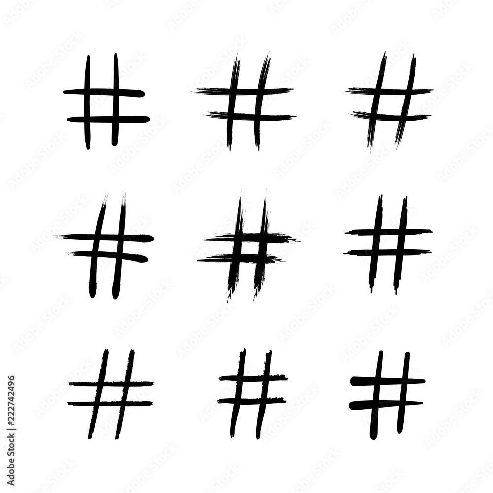 Vector Hand Drawn Hash Tags, Doodle Signs Collection, Black Rough Lines Isolated on White Background.