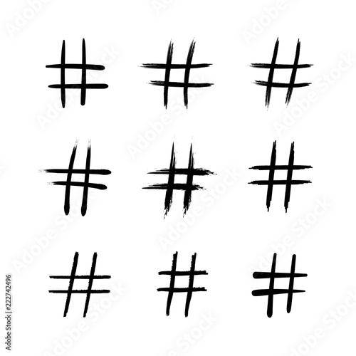 Vector Hand Drawn Hash Tags, Doodle Signs Collection, Black Rough Lines Isolated on White Background.