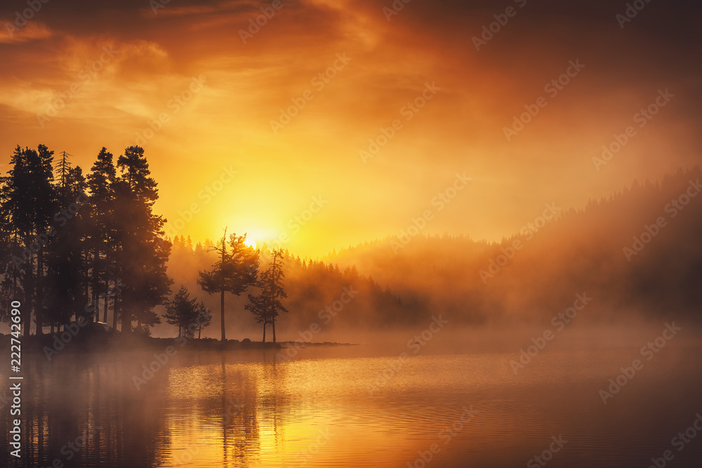 Fototapeta premium Poranna mgła nad jeziorem, strzał wschód słońca