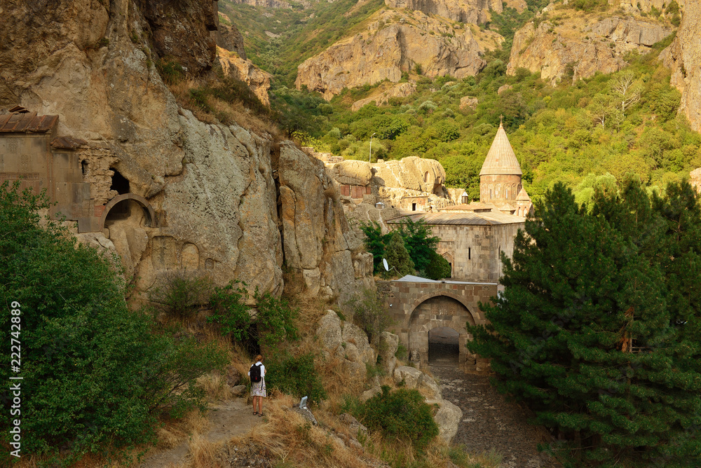 Geghard monastery near Yerevan  is a medieval monastery in the Kotayk province of Armenia, being partially carved out of the adjacent mountain. GARNI, ARMENIA 