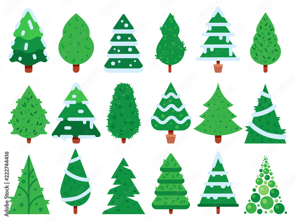 Green christmas tree. Simple Xmas trees shape, nature fir isolated vector icon set