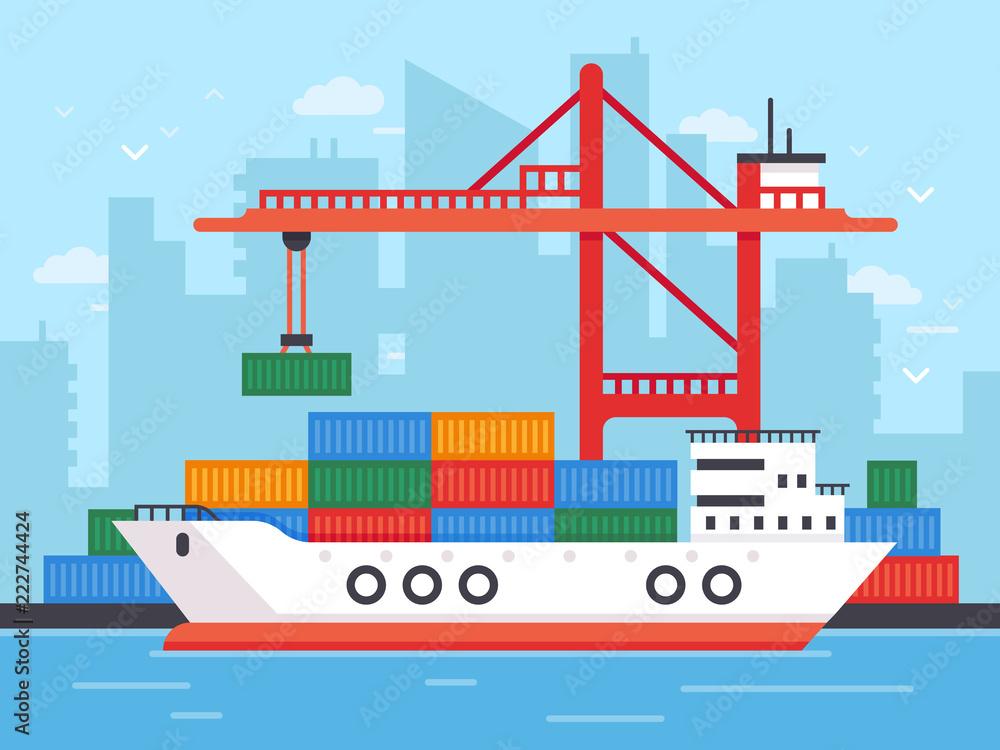 Flat cargo ship in docks. Harbor crane of shipping port loading containers to marine freight boat vector illustration Flat cargo ship in docks. Harbor crane of shipping port loading containers to marine freight boat vector illustration