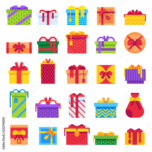 Flat Christmas Gifts. Winter holiday surprise present in gift box. Xmas presents isolated vector flat illustration set