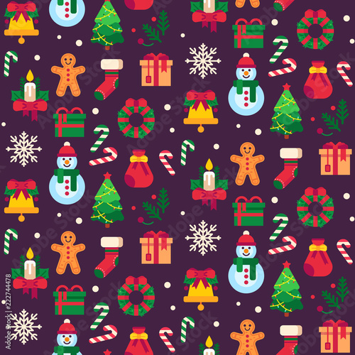Seamless christmas symbols. Xmas green tree, gift toys or holidays sweets and traditional gingerbread man pattern vector background