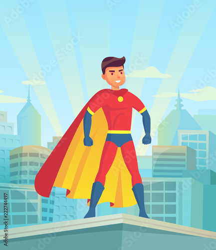Cartoon superhero watching city. Comic powerful man, hero in super suit with cloak on town cityscape vector illustration