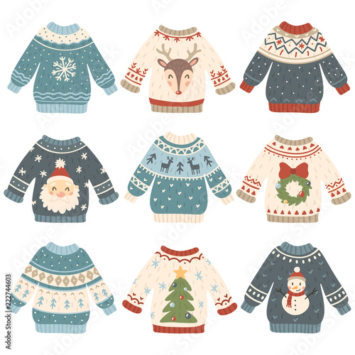 Ugly christmas sweaters. Cartoon cute wool jumper. Knitted winter holidays sweater with funny snowman, Santa and Xmas tree vector set photo