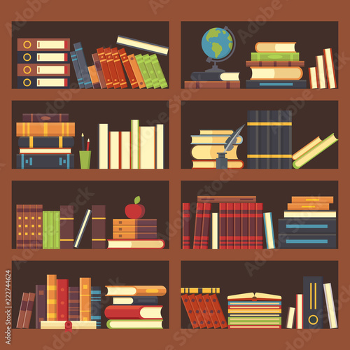 Books in library bookcase. Encyclopedia book at bookshelf. Pile textbooks and magazines at bookshelves vector background illustration