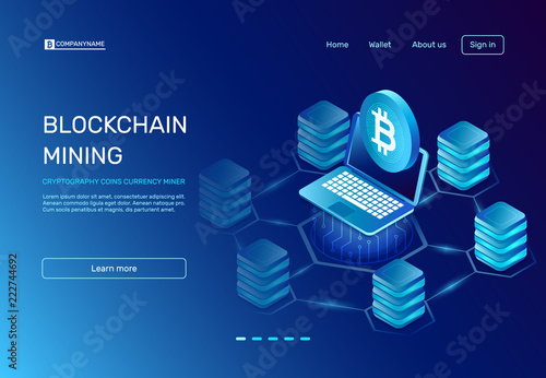 Blockchain mining. Cryptography coins currency miner on laptop connected to blockchain bitcoin network. E commerce vector illustration
