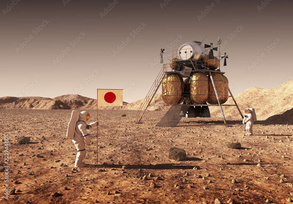Astronauts Set An Japanese Flag On The Planet Mars - obrazy, fototapety, plakaty 