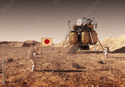 Fototapeta Naklejka Na Ścianę i Meble -  Astronauts Set An Japanese Flag On The Planet Mars