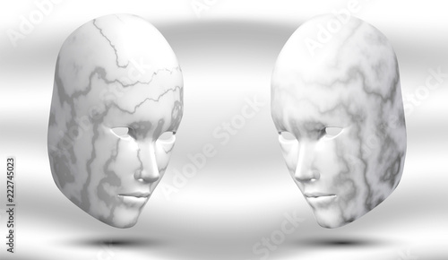 Two marble heads against each other, against a light background. Stone masks. Carnival inventory. Vector illustration