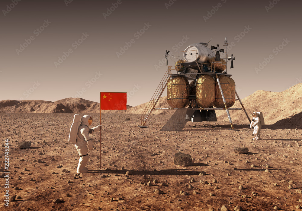 Naklejka premium Astronauts Set An Chinese Flag On The Planet Mars