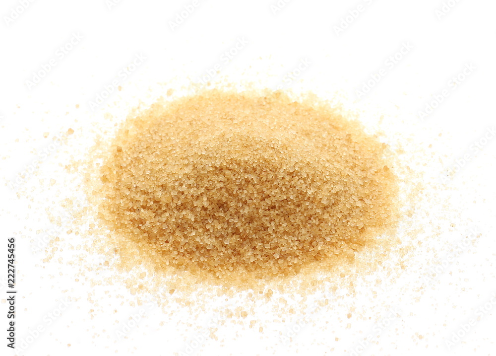 Brown sugar, pile isolated on white background, sugarcane