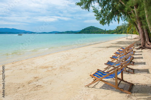 Sunbed on topical beach ,Beach chairs on sand