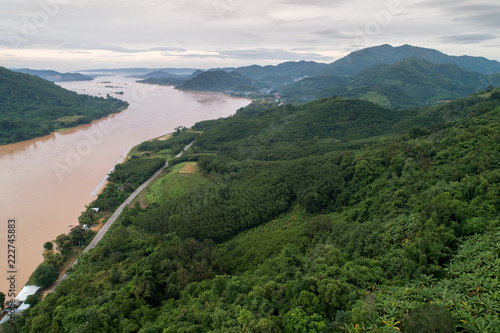 Aerial view nature and mekong riviver laos and thailand