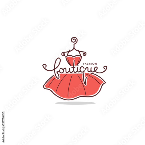 Fashion Boutique and store logo, label, emblems with doodle line art dresses and lettering composition