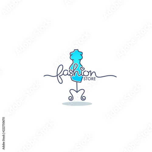 fashion boutique and store logo, label, emblems with bright line art dresses and lettering composition