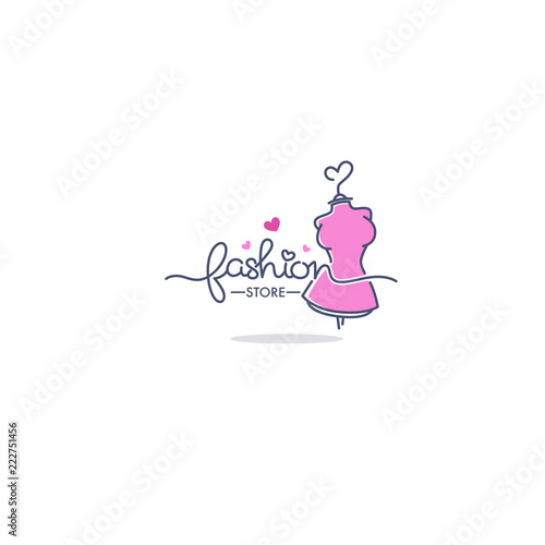 fashion boutique and store logo, label, emblems with bright line art dresses and lettering composition