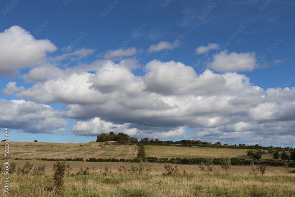 Fluffy white clouds in blue sky over fields