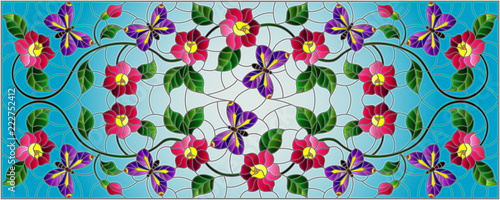 Illustration in stained glass style with abstract curly pink flower and a purple butterfly on blue background , horizontal image