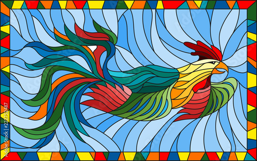 Illustration in stained glass style with abstract rooster on blue background in bright frame