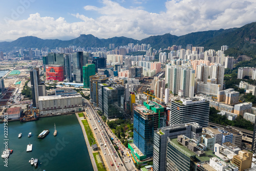 Drone fly over Hong Kong downtown