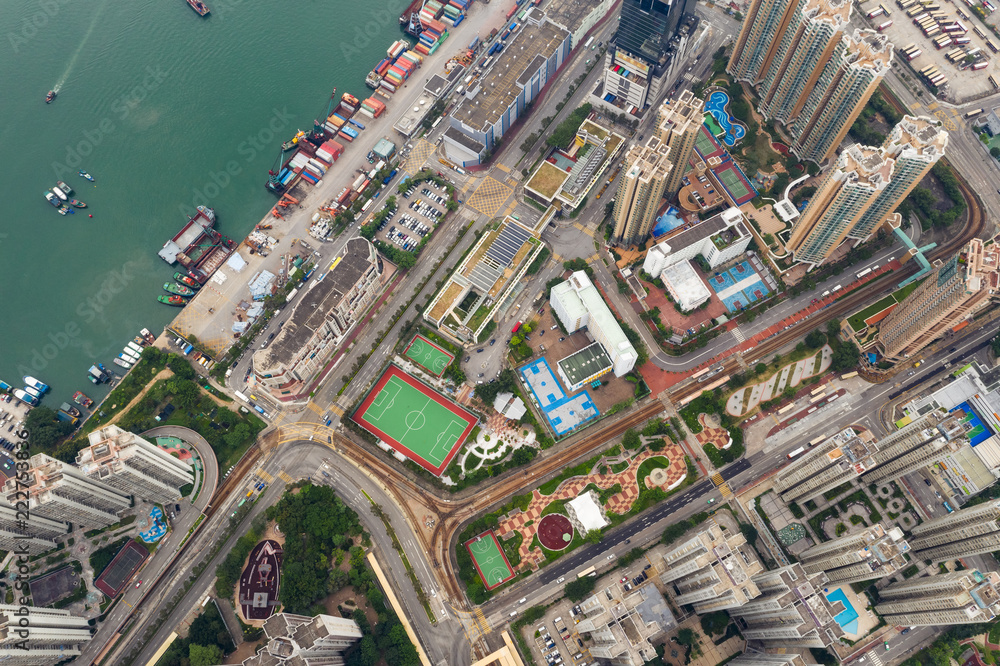 Top down of Hong Kong residential district with harbor