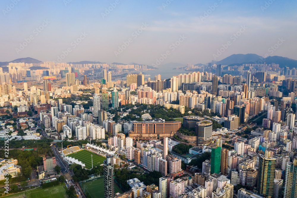 Aerial view of Hong Kong city in the evening