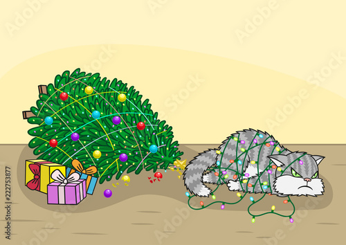 The cat knocked down the Christmas tree.