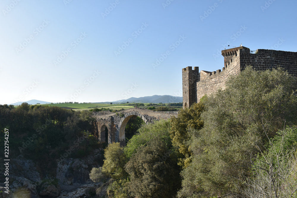 View of ancient stone bridge and part of the castle in the valley