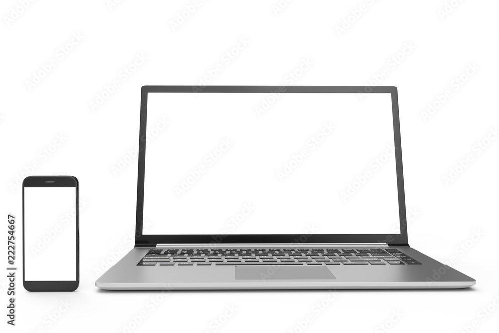 3D illustration desktop computer blank mock up. Glossy laptop computer mock up. Modern computer mock up. Perfectly detailed smartphone mock up near computer blank. 3D illustration desktop computer blank mock up. Glossy laptop computer mock up. Modern computer mock up. Perfectly detailed smartphone mock up near computer blank.