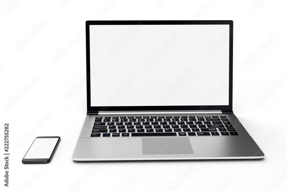 3D illustration desktop computer blank mock up. Glossy laptop computer mock up. Modern computer mock up. Perfectly detailed smartphone mock up near computer blank. 3D illustration desktop computer blank mock up. Glossy laptop computer mock up. Modern computer mock up. Perfectly detailed smartphone mock up near computer blank.