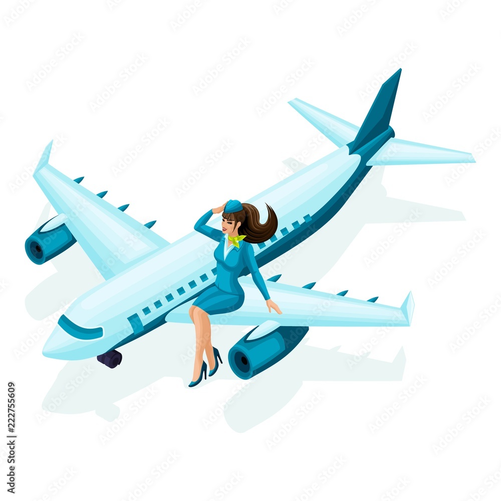 Isometric Stewardess Sits On The Airplane Beautiful Girl In Colorful