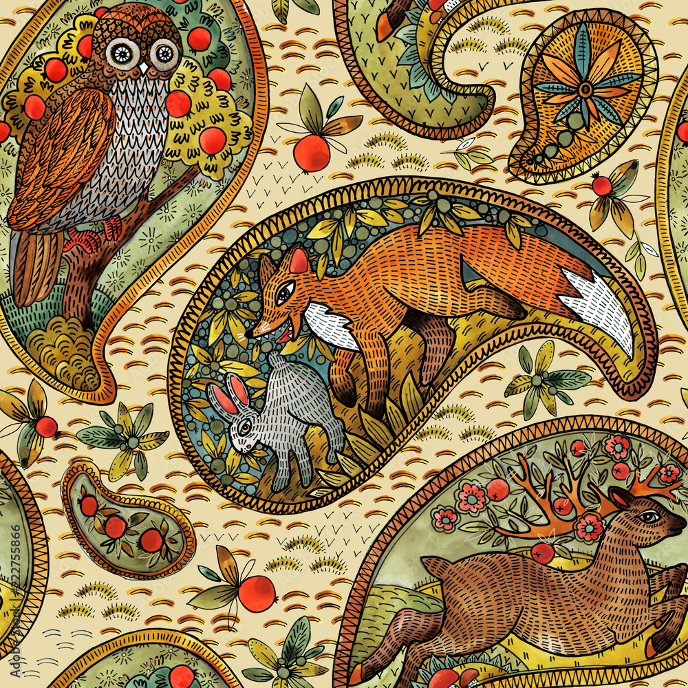 Fototapeta premium seamless pattern with ethnic motif forest animals. watercolor folklore hand drawn illustration. paisley element background