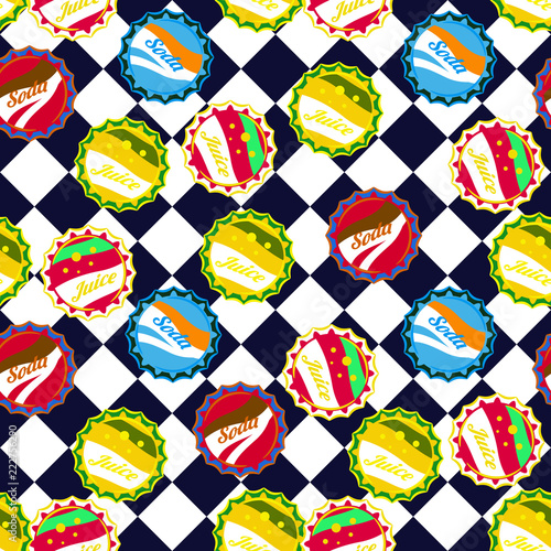 Soda bottle caps pattern vector on blue and white checkered seamless background.