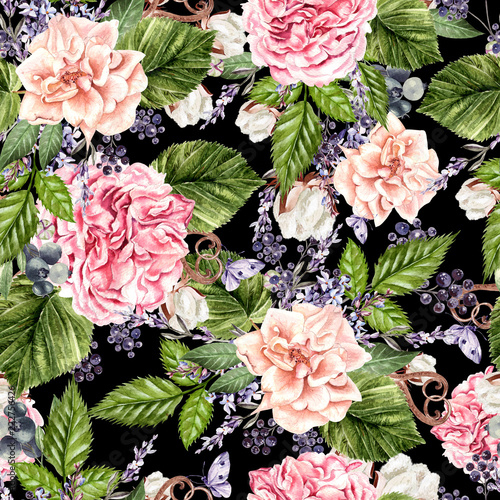 Beautiful watercolor seamless pattern with flowers of  rose, peony, lavender ...