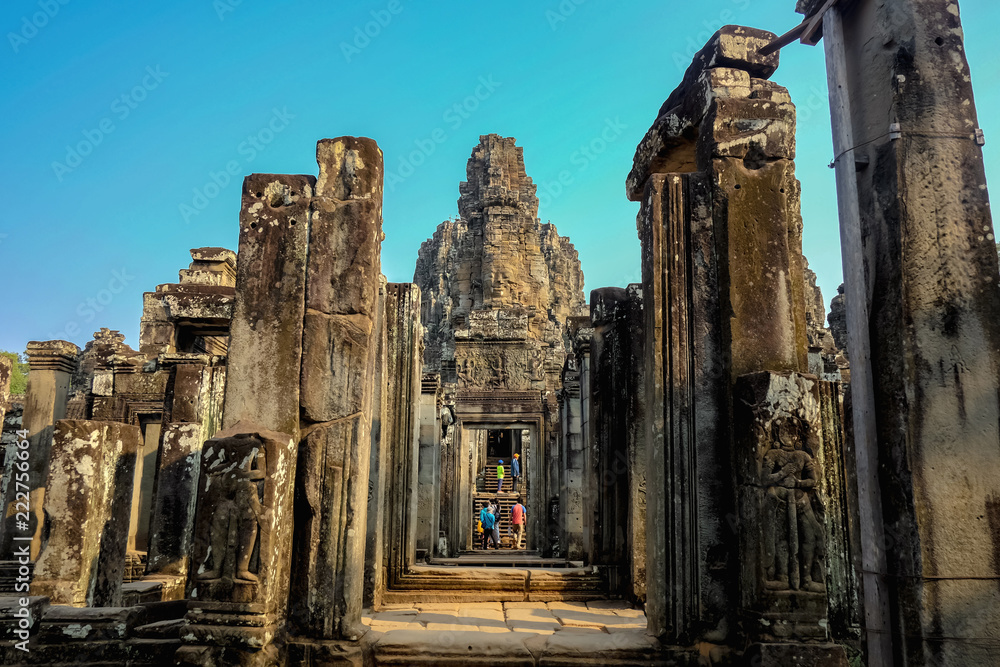 Siemreap/Cambodia - February 03 2016:Bayon Temple siem reap with blue sky and tourist visit angkor wat,siem reap cambodia,wonder of the world.