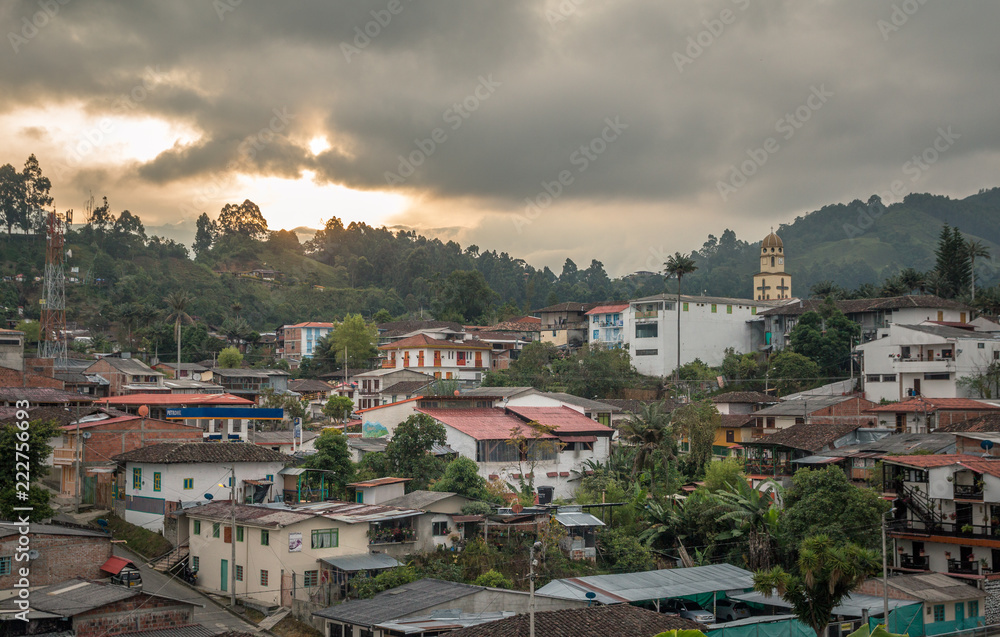 Fototapeta premium View of the touristic village of Salento, Quindio, Colombia, at sunset